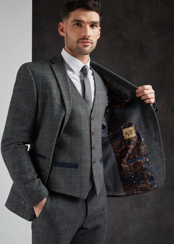 Antique Rogue Mens Emerson Herringbone Jacket Grey Blue
