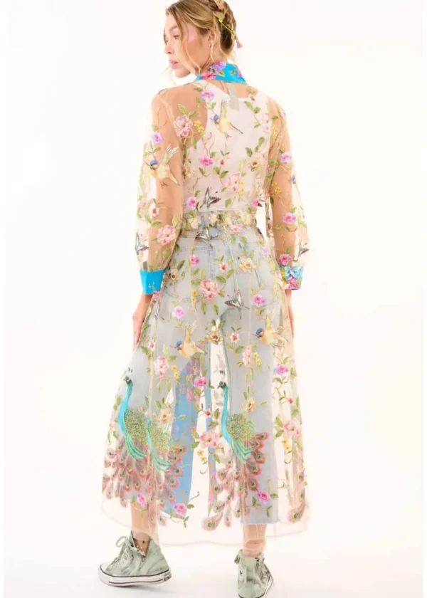 Aratta Garden of Eden Birds Butterfly Mesh Duster Peacock