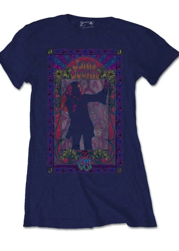 Band Shirts Janis Joplin Paisley & Flowers Frame Girly T-Shirt Navy