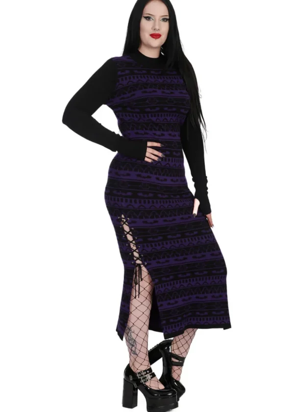 Banned Alternative Bat Bone Knit Dress Back Purple