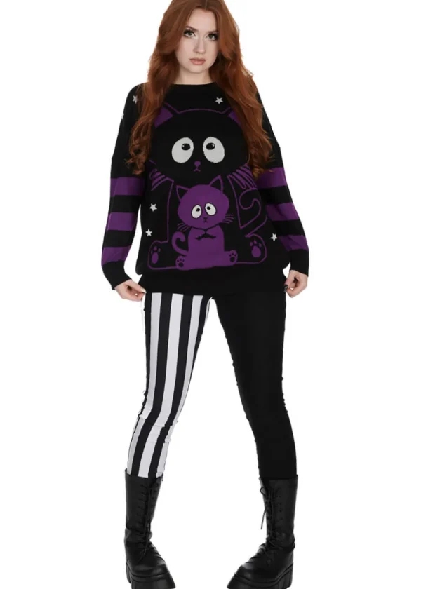Banned Alternative Momo Cats Sweater Black Violet