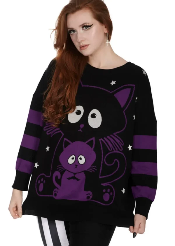 Banned Alternative Momo Cats Sweater Black Violet