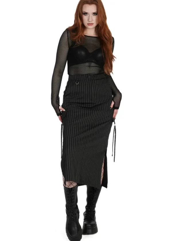 Banned Alternative Tripping Pinstripe Midi Skirt Black White