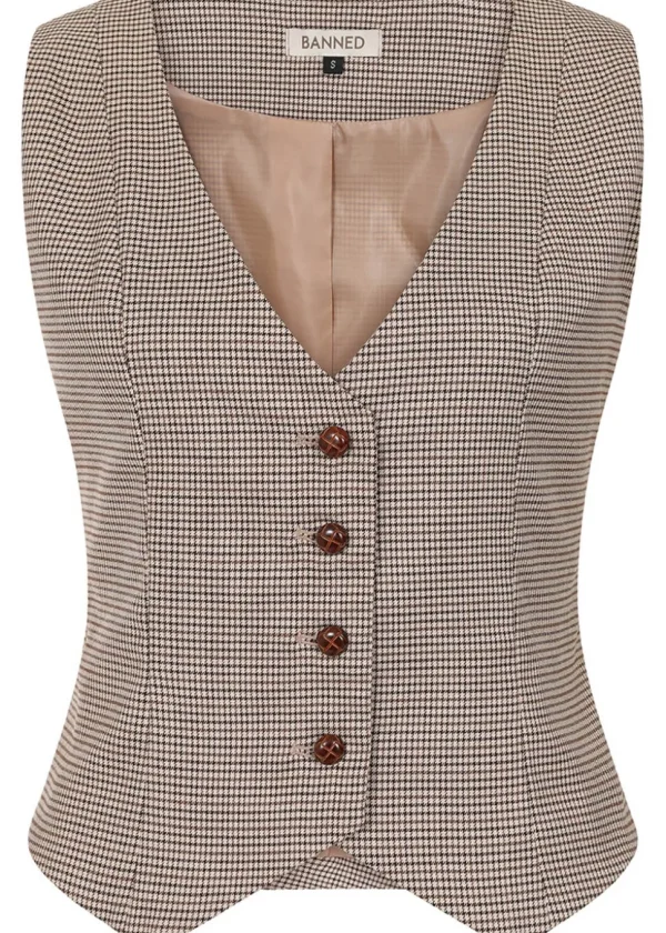Banned Hallie Houndstooth 40's Waistcoat Brown