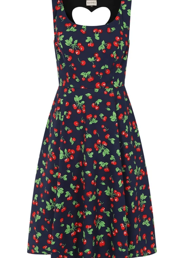 Banned Nora Heart Cherry 50's Swing Dress Navy