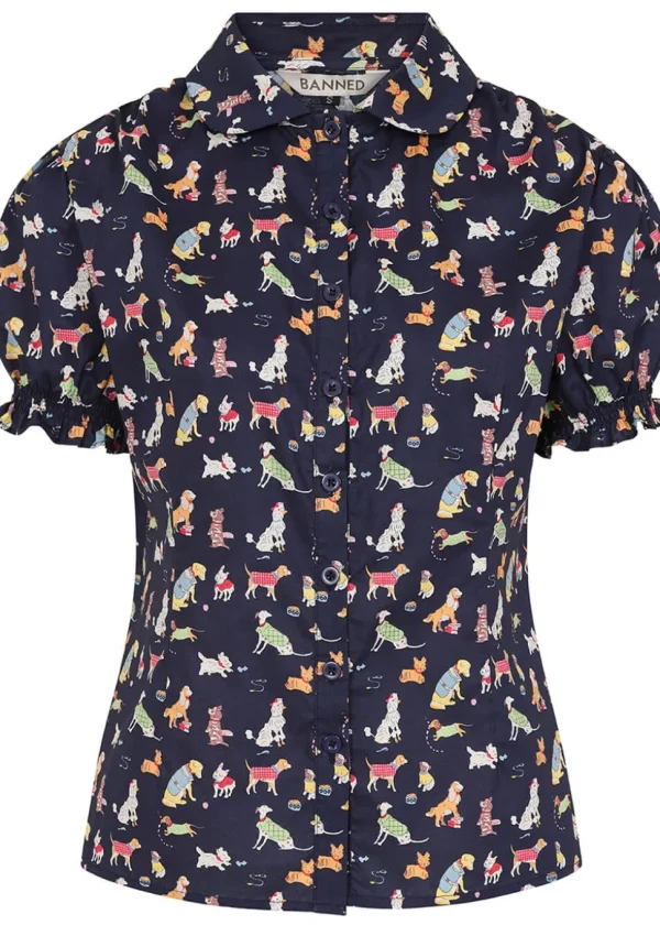 Banned Star Woof Dogs Blouse Navy Blue
