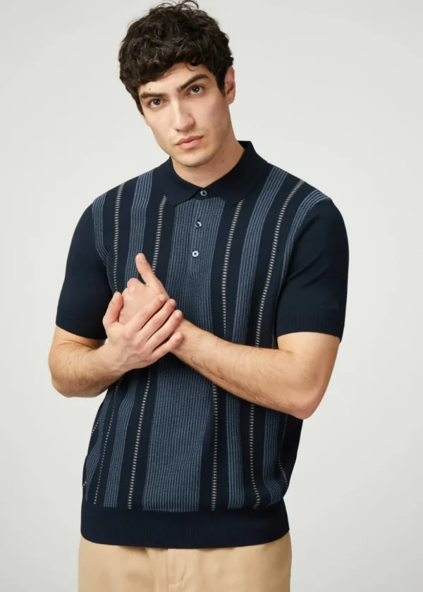 Ben Sherman Birdseye Stripe Polo Navy Blue