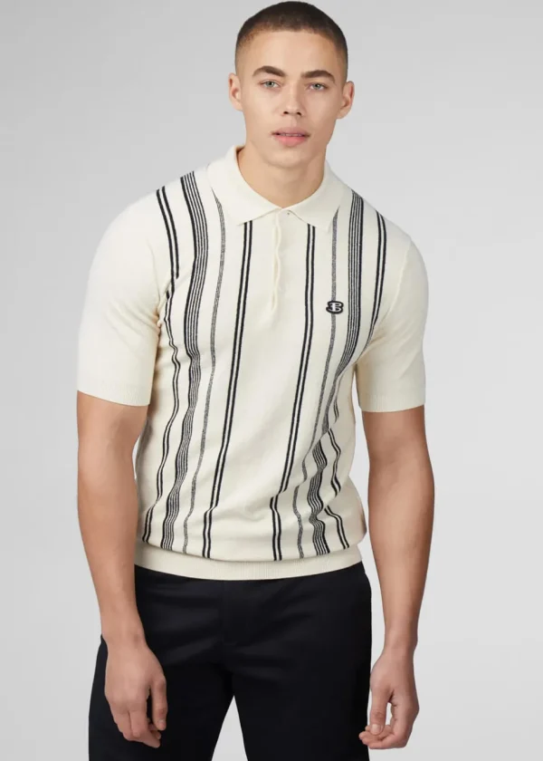 Ben Sherman Crinkle Cotton Stripe Polo Ivory