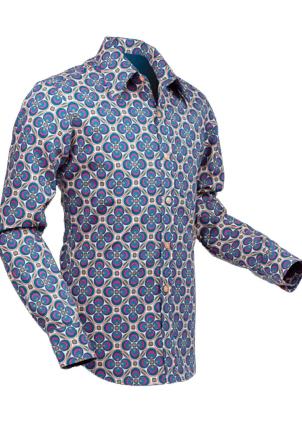 Chenaski Heren Dotsgrid 70’s Shirt Cream Petrol