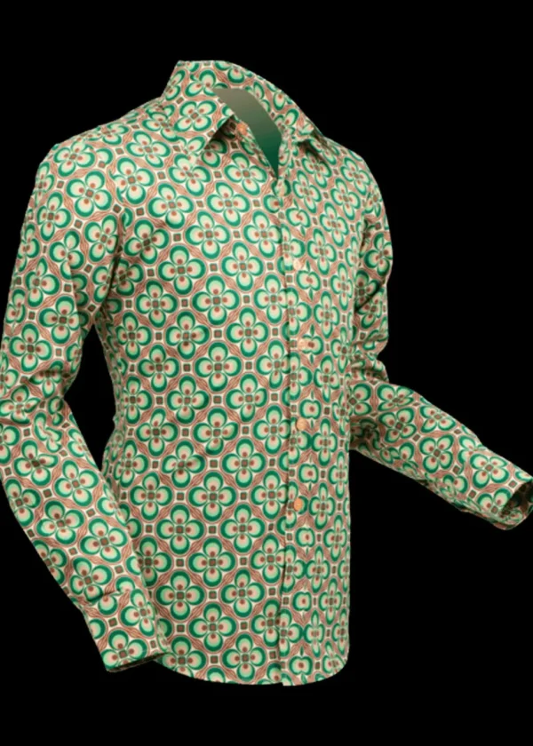 Chenaski Men Dotsgrid 70's Shirt Cream Green