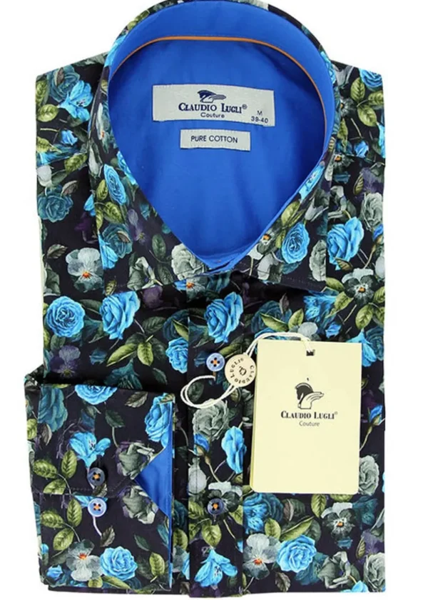 Claudio Lugli Mens Blue Florals Overhemd Blue