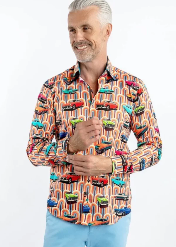 Claudio Lugli Mens Retro Cars Shirt Orange