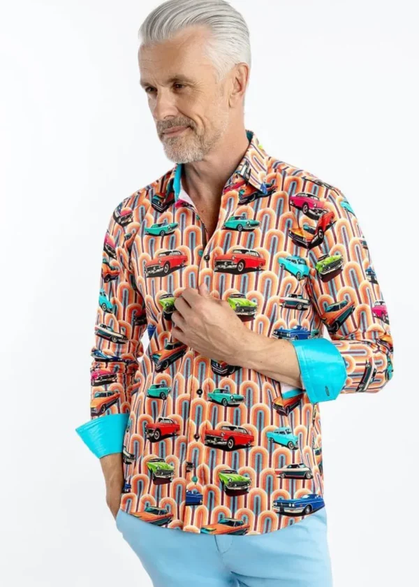 Claudio Lugli Mens Retro Cars Shirt Orange
