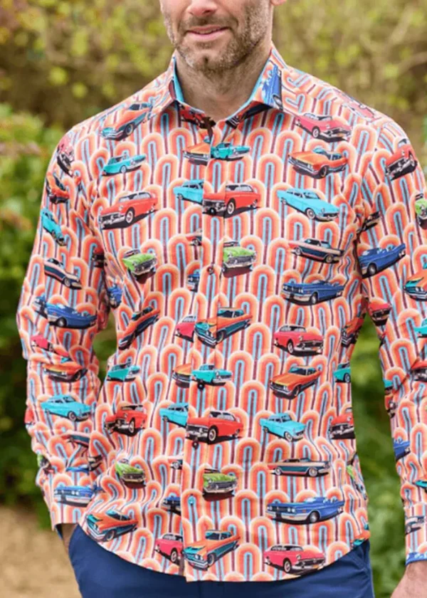 Claudio Lugli Mens Retro Cars Shirt Orange