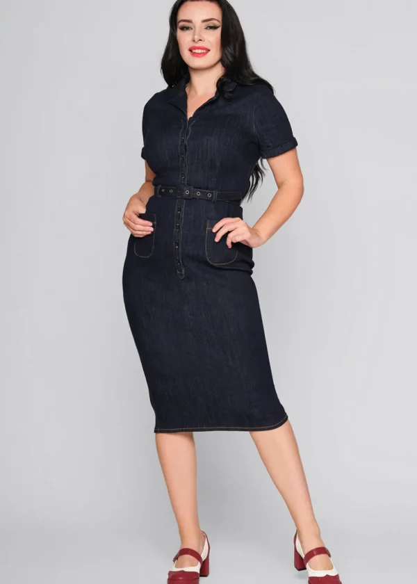 Collectif Caterina Denim 50's Pencil Dress Navy