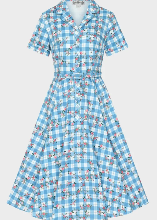 Collectif Caterina Gingham Garden 50's Swing Dress Blue