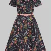 Collectif Caterina Hollyhocks Hooray Cherryblossom 40's Swing Dress Navy
