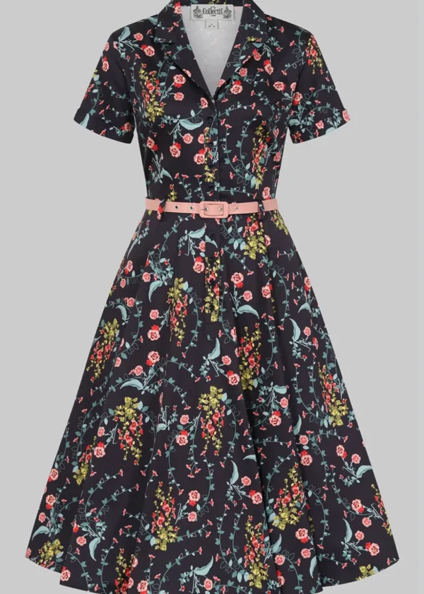 Collectif Caterina Hollyhocks Hooray Cherryblossom 40's Swing Dress Navy