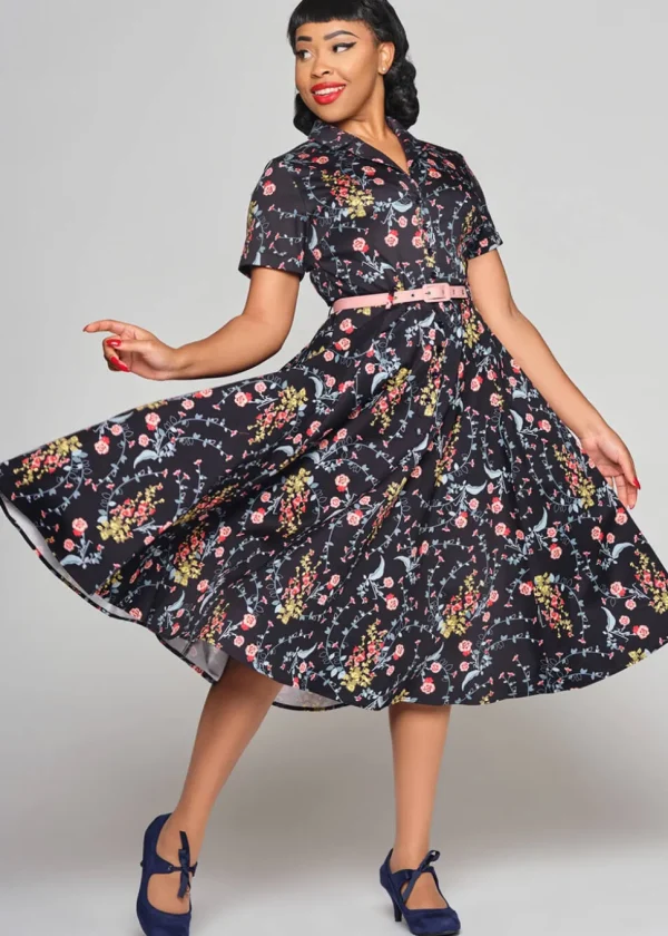 Collectif Caterina Hollyhocks Hooray Cherryblossom 40's Swing Dress Navy
