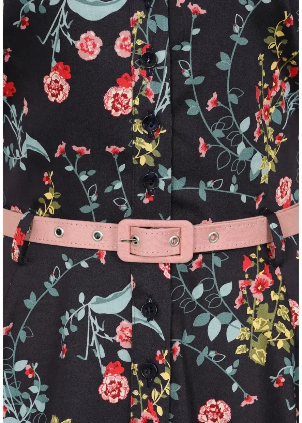 Collectif Caterina Hollyhocks Hooray Cherryblossom 40's Swing Dress Navy