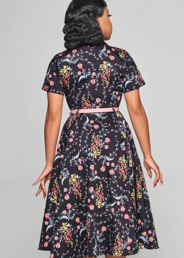Collectif Caterina Hollyhocks Hooray Cherryblossom 40's Swing Dress Navy