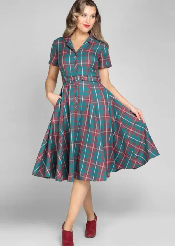 Collectif Caterina Lake Check 50's Swing Dress Teal
