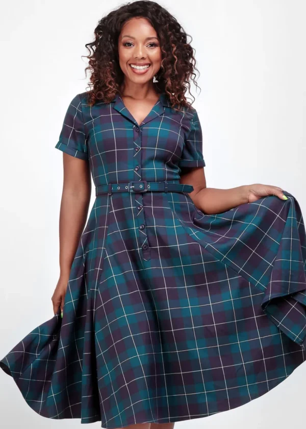 Collectif Caterina Mermaid Check 50's Swing Dress Teal