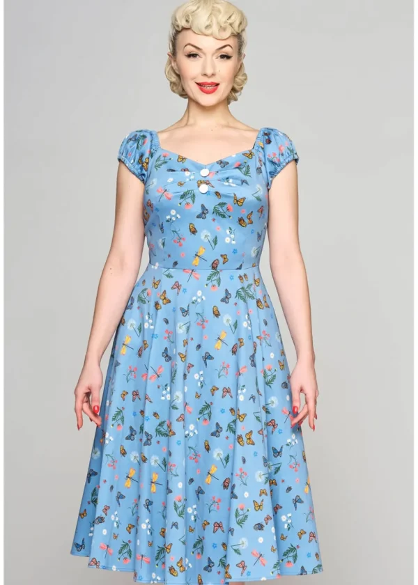 Collectif Dolores Butterfly Fields 50's Swing Dress Light Blue