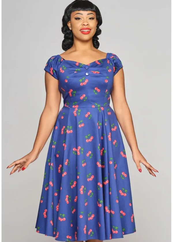 Collectif Dolores 50's Cherry Swing Dress Navy