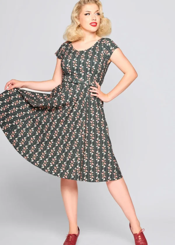 Collectif Fatima Wallflower Flared 50's Swing Dress Green