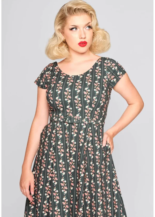 Collectif Fatima Wallflower Flared 50's Swing Dress Green