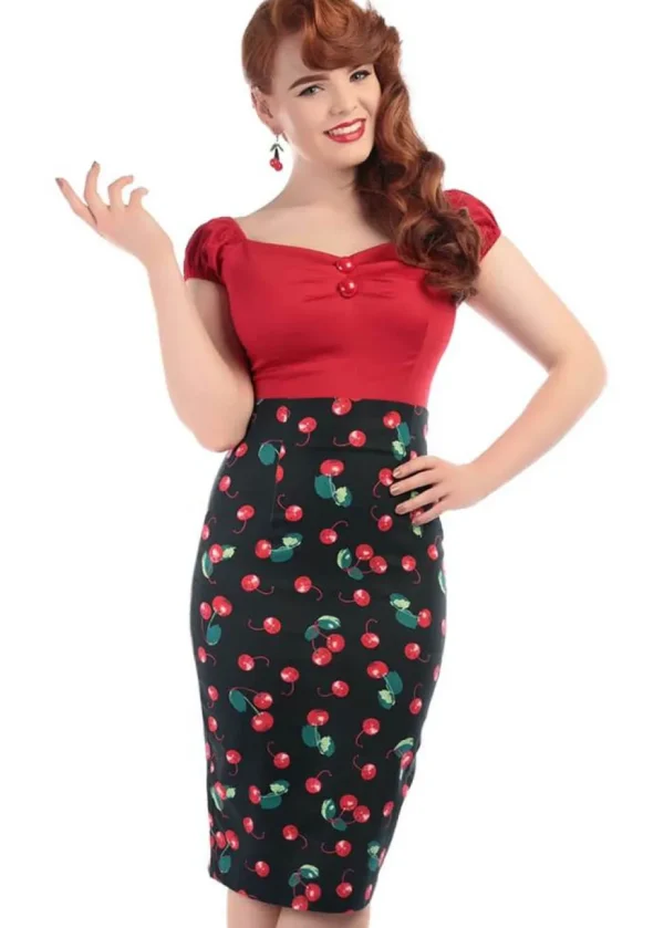 Collectif Fiona 50's Cherry Pencil Skirt Black Red Multi