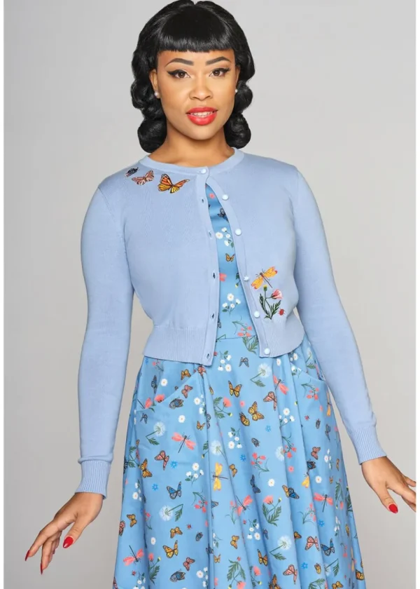 Collectif Jessie Butterfly Fields 40's Cardigan Light Blue