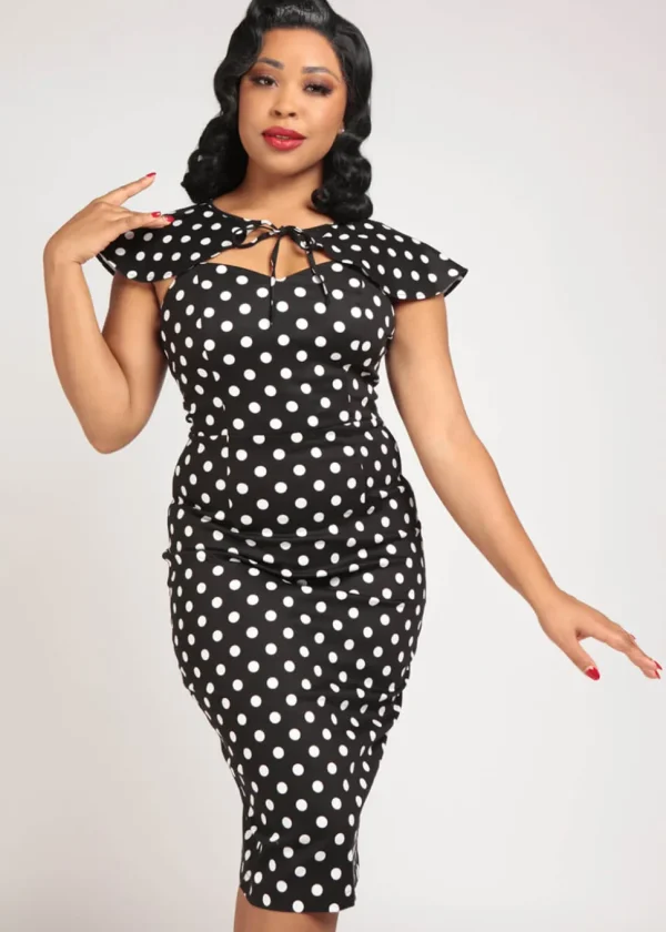 Collectif Lilla Polka 50's Peplum Pencil Dress Black White