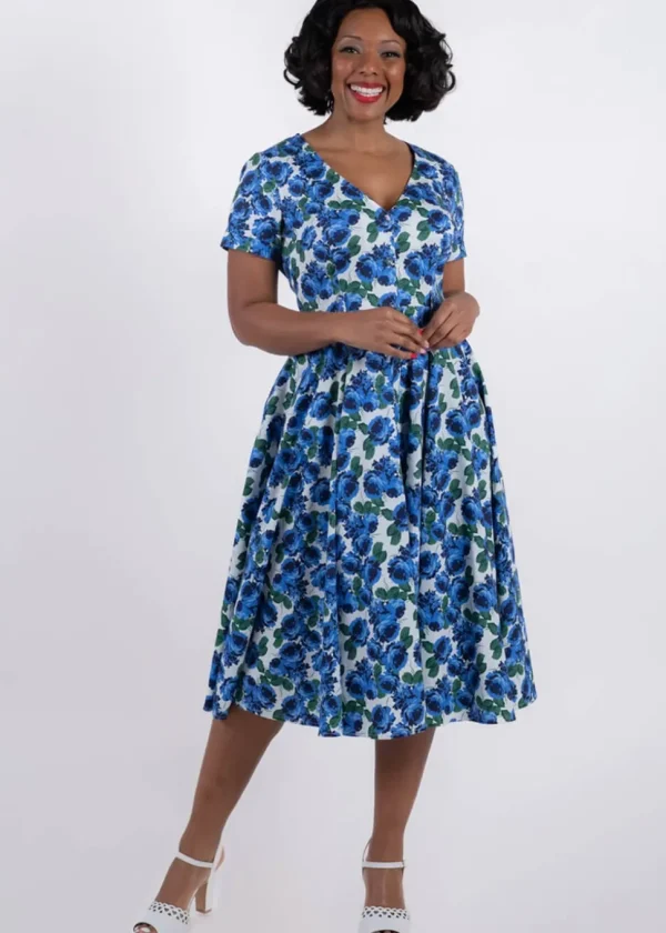 Collectif Shana Pretty Roses 50's Swing Dress White Blue