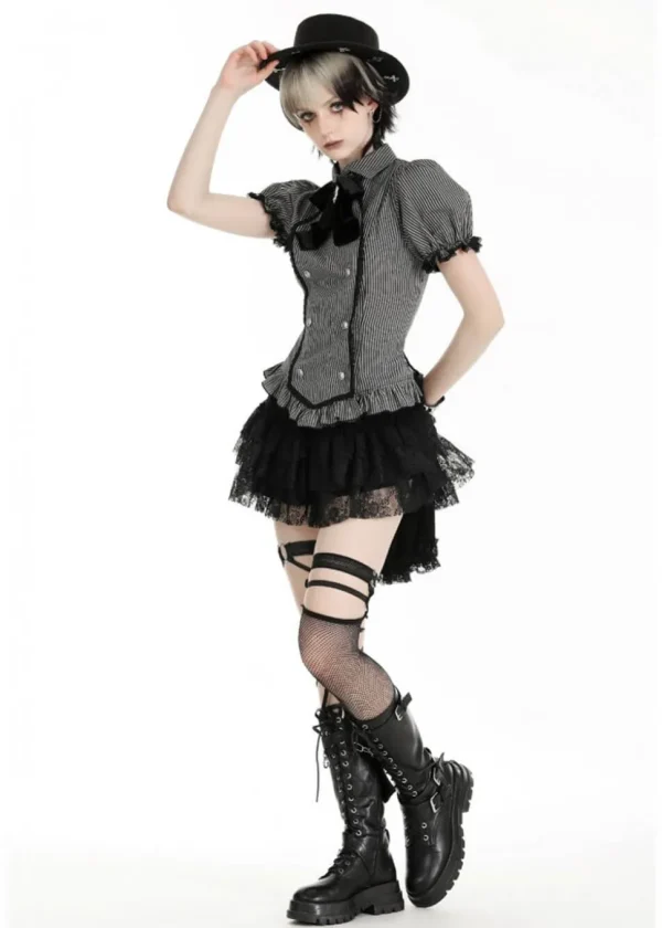 Dark In Love Lovett Cat Cameo Stripe Blouse Gray
