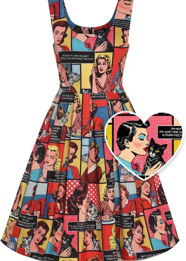 Dolly & Dotty Amanda Cat Lovers Comic 50's Swing Dress Multi
