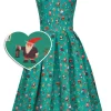 Dolly & Dotty Amanda Garden Gnome Circle 50's Swing Dress Green