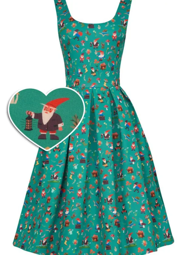 Dolly & Dotty Amanda Garden Gnome Circle 50's Swing Dress Green