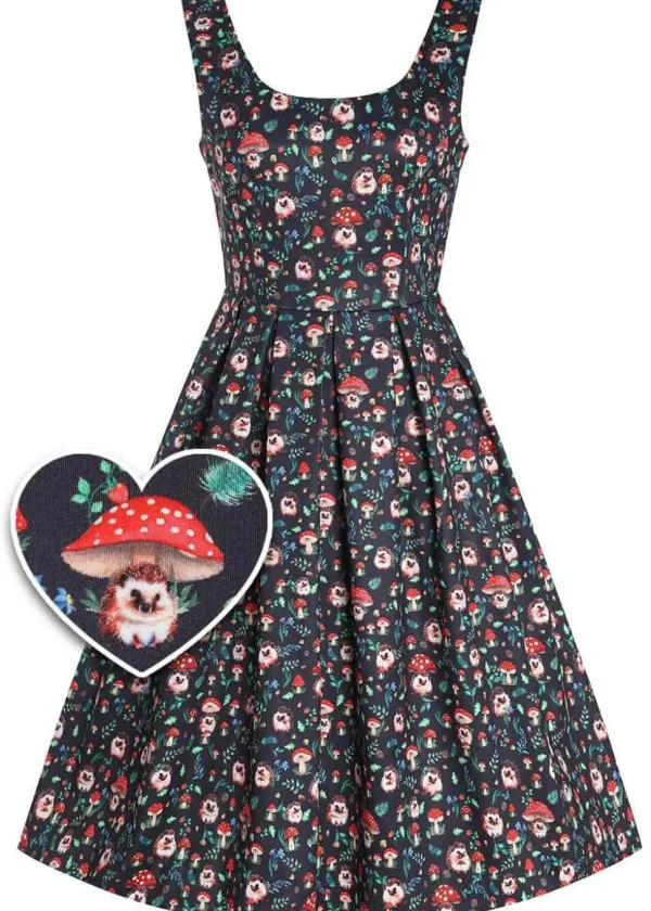 Dolly & Dotty Amanda Hedgehog Mushroom 50's Swing Dress Black