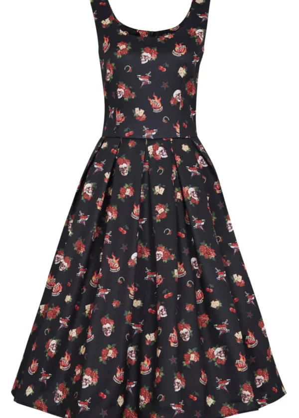 Dolly & Dotty Amanda Rockabilly Skull Rose 50's Swing Dress Black