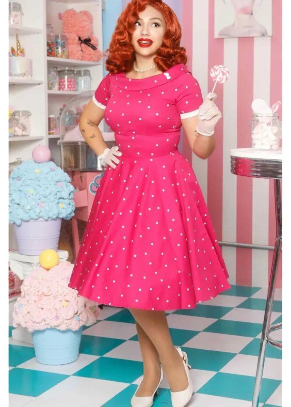 Dolly & Dotty Darlene Polkadot 50's Swing Dress Hot Pink