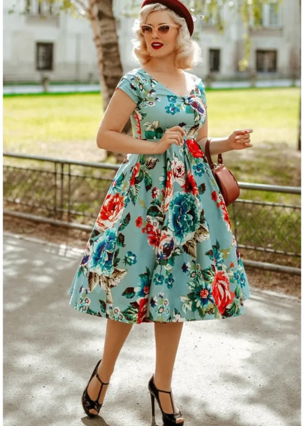 Dolly & Dotty Lily Floral 50's Swing Dress Blue