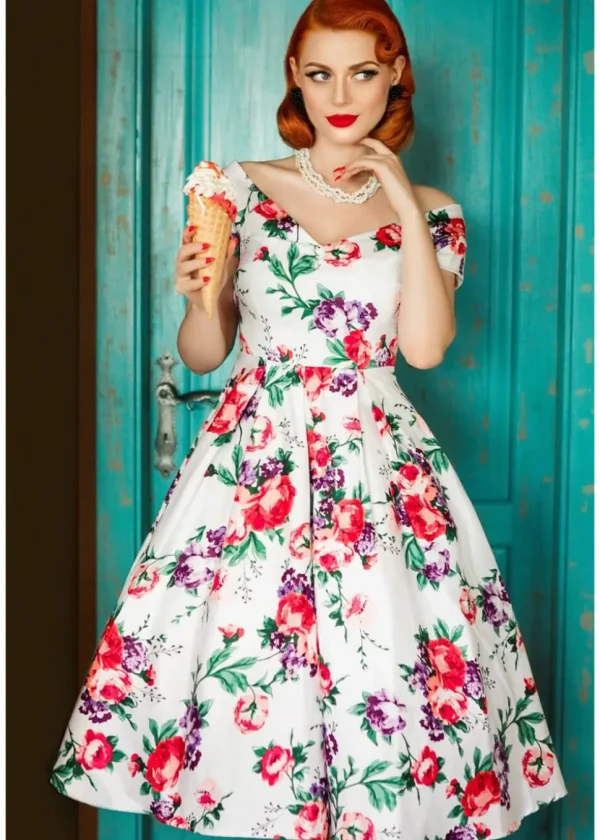 Dolly & Dotty Lily Floral 50's Swing Dress White