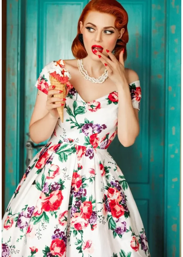Dolly & Dotty Lily Floral 50's Swing Dress White