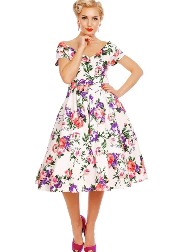 Dolly & Dotty Lily Floral 50's Swing Dress White
