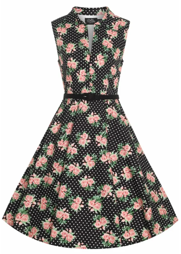 Dolly & Dotty Poppy Roses & Polkadot 40's Swing Dress Black