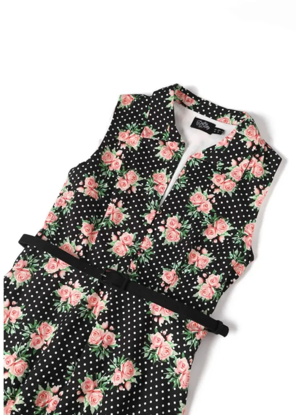 Dolly & Dotty Poppy Roses & Polkadot 40's Swing Dress Black