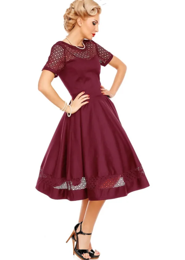 Dolly & Dotty Tess Embroided 50's Swing Dress Burgundy