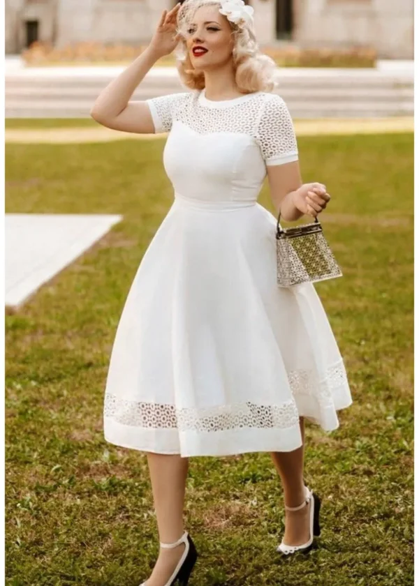 Dolly & Dotty Tess Embroided 50's Swing Dress White
